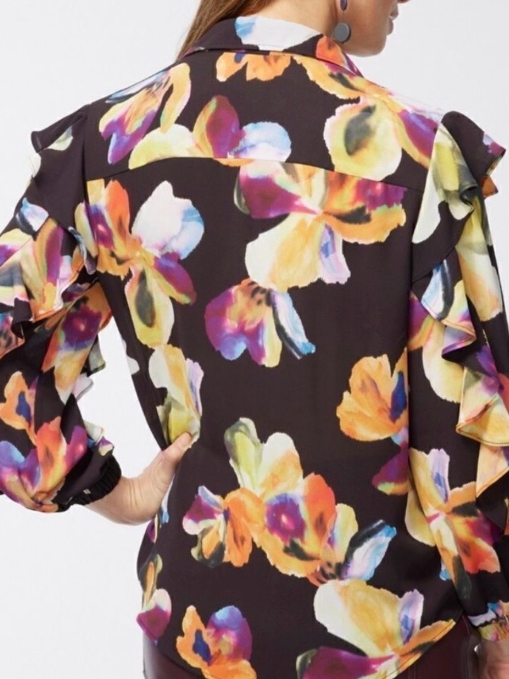 Chico's chiffon botanical Black Floral Ruffle-Sleeve Button Blouse - Picture 3 of 11